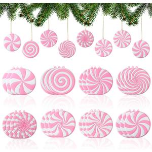 Panelee 24 Pcs Christmas Candy Ornaments Pink Candy Cane Peppermint Ornament for Christmas Tree PVC Xmas Lollipop Peppermint Hanging Decoration for Holiday Xmas Tree Party Decoration