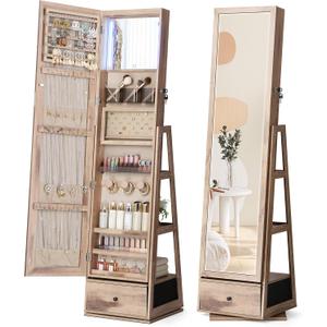 Nice tree 360 Swivel Jewelry Cabinet with Lights, Touch Screen Vanity Mirror, Rotatable Full Length Mirror with Jewelry Storage, Standing Jewelry Armoire Organizer, Foldable Makeup Shelf, Oak