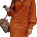 BTFBM Women Casual V Neck Knit Mini Fall Sweater Dresses Long Sleeve Loose Fit Solid Color Ribbed Pullover Jumper Sweaters (M)