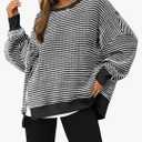 Fisoew Women's Fall Oversized Sweatshirt Casual Waffle Knit Long Sleeve Crewneck Split Pullover Tunic Tops, S