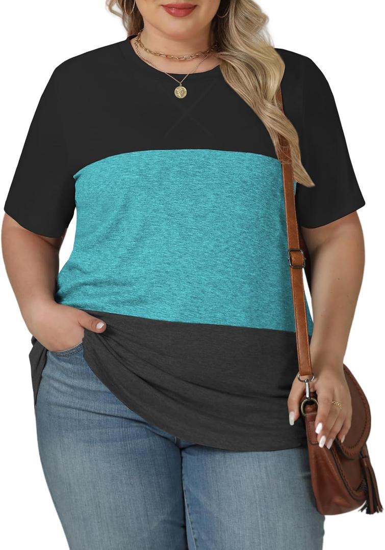 VISLILY Womens-Plus-Size-Summer-Tops Trendy Color Block T Shirts Casual Crewneck Cute Short Sleeve Blouses Tunics Tees XL-5XL (XXXL)