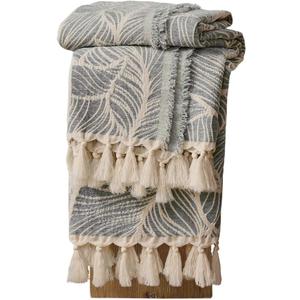 DOWN HOME Chenille Cotton Throw Blanket for Couch, Lightweight Boho Blanket for Bed Sofa Chair Living Room Outdoor Soft Woven Decorative Blanket with Tassel Gift Grey Leaves 90"x108"
