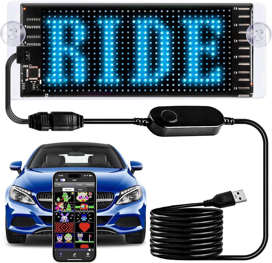 Light Sign for Car, 6.7''x2.7'' Programmable Flexible LED Matrix Panel, Bluetooth APP Control Custom Text Pattern Animation Scrolling LED Display for Car Windshield