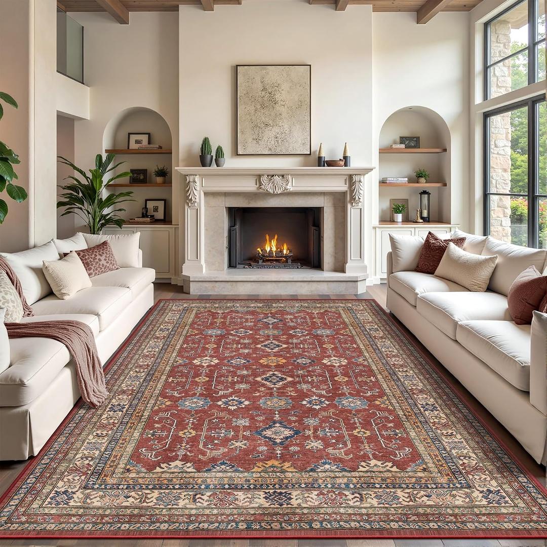 Rugland 9x12 Area Rugs for Living Room, Vintage Washable Area Rug, Burgundy