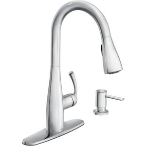Moen Essie Chrome Single Handle Pull-Down Sprayer Kitchen Faucet with Soap Dispenser, Reflex and Power Clean Technology, 87014