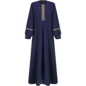 IBAKOM Abaya Dress for Women Muslim Clothes Islamic Eid Ramadan Dresses Arabian Turkish Jalabiya Middle East Ethnic Jilbab (Large, Navy Blue)