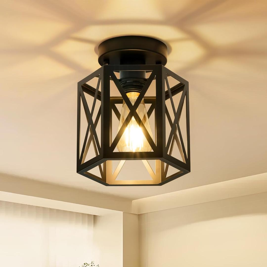 Modern Semi Flush Mount Ceiling Light,1-Light Hexagon Flush Mount Ceiling Lights for Dining Room Light Fixture, Farmhouse Black Metal Kitchen Island Lighting Fixtures for Hallway, Bathroom (7.5 in)