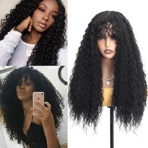 YXCHERISHAIR Curly Wigs for Black Women Natural Black Long Curly Afro Wig with Bangs Synthetic Kinky curl Hair Replacement Wigs for Cosplay and Daily (1B, 24inch)