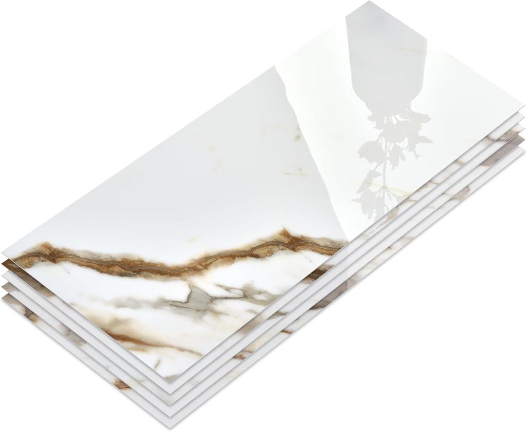 10-Sheet Subway Peel and Stick Backsplash, 12" x 24" Glossy Calacatta Gold Acrylic Self Adhesive Waterproof Wall Stickers, Stick on Tiles for Kitchen Bathroom Shower