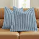 FUTEI Dusty Blue Decorative Throw Pillow Covers Set of 2, 18x18 Inch Soft Fluffy Faux Fur Plush Striped Cushion Cases, Modern Home Decor for Couch Bed Living Room