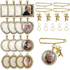 50PCS Wedding Bouquet DIY Photo Charm Rhinestone Pin Brooch Making Kit Memorial Picture Charm with Clear Glass Cabochons Cupid Pendant Jump Rings for Craft Jewelry Making