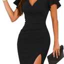 WAYMAKER 2026 Women's Sexy V Neck Faux Wrap Ruffle Sleeve Ruched Bodycon Slit Cocktail Party Wedding Guest Dress (Medium, Black)