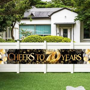 2 x 70th Birthday Decorations - Happy 70th Birthday Banner, Extra Large 118"x20" Black & Gold Party Sign for Men & Women, Over The Hill Party Decor, 6m Ribbon, 4 Brass Grommets, Indoor/Outdoor Use