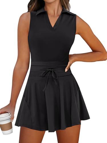Caracilia Womens Golf Tennis Dress 2 Piece Sets Polo Neck Sleeveless Workout Athletic Summer Mini Dresses with Shorts Pockets Small Black M
