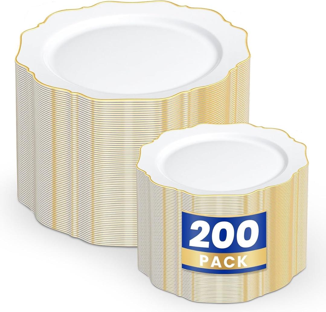 WDF 200PCS White and Gold Plastic Plates - Gold Plastic Plates - Include 100 Dinner & 100 Dessert Disposable Party Plate - Fancy Disposable Plate for Wedding/Bridal shower/Valentines Day