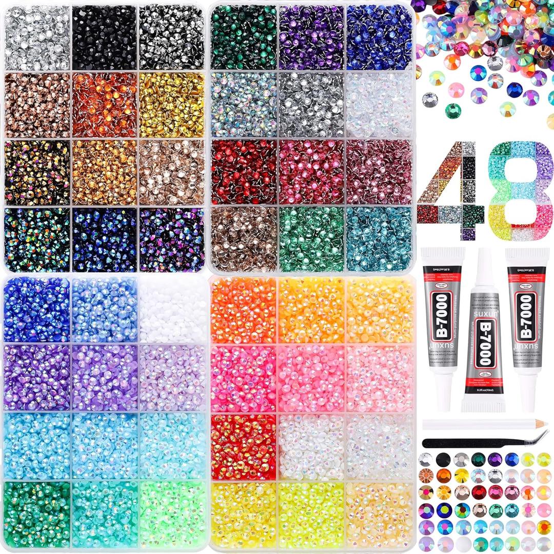 30000Pcs in 48 Colors Rhinestones for Bedazzling and Diamond Art, 3mm Flatback Gems with 310ml B7000 Jewelry Glue Tweezers, Perfect for Nail Art, Crafting, Clothing, Fabric Decor