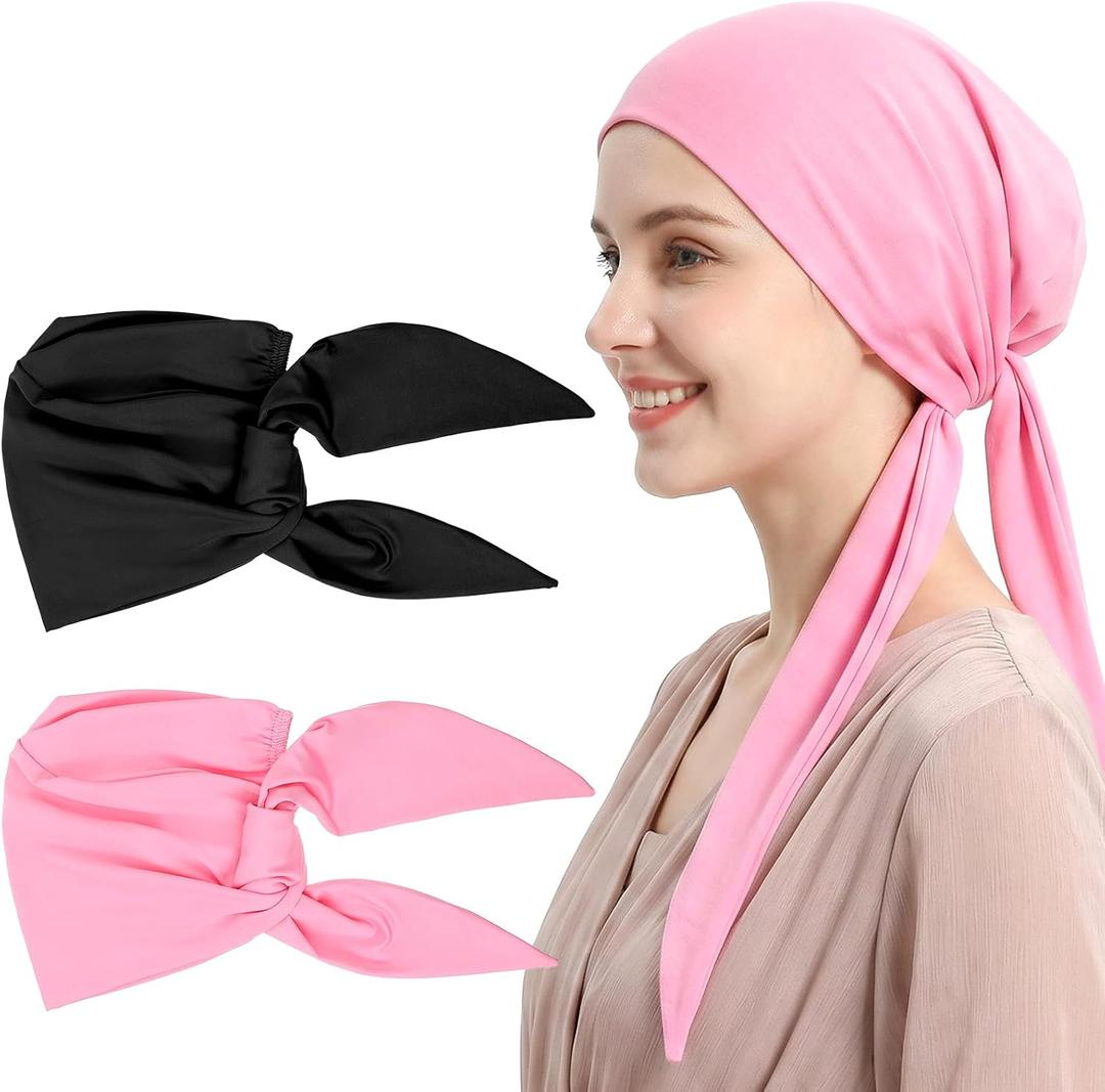 Ouligay 2PCS Hijab Undercap No Slip for Women Islamic Muslim Under Scarf Hijab Cap Solid Color Under Caps for Hijabs, Underscarf Hat Turban with Tie Back Closure, Black Pink (Pink)