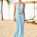 OYOANGLE Women's Halter Maxi Dress Deep V Neck Sexy Wedding Guest Dresses (Blue, S)