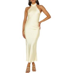 Phicia Sexy Satin Halter Neck Backless Maxi Dress for Women Elegant Tie Cowl Back Formal Wedding Guest Dress for Summer Yellow, M