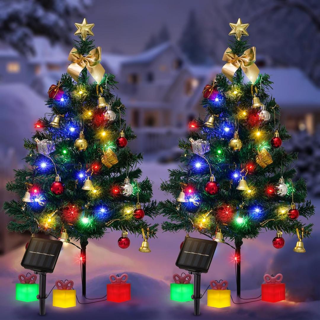 2 Pack Solar Mini Christmas Tree Decorations Lights, 30 Inch 8 Flashing Modes Waterproof Xmas Decor, 60 LED Lights with Ornaments 6 Lighted Gift Boxes for Porch Pathway Yard Garden (Multicolor)
