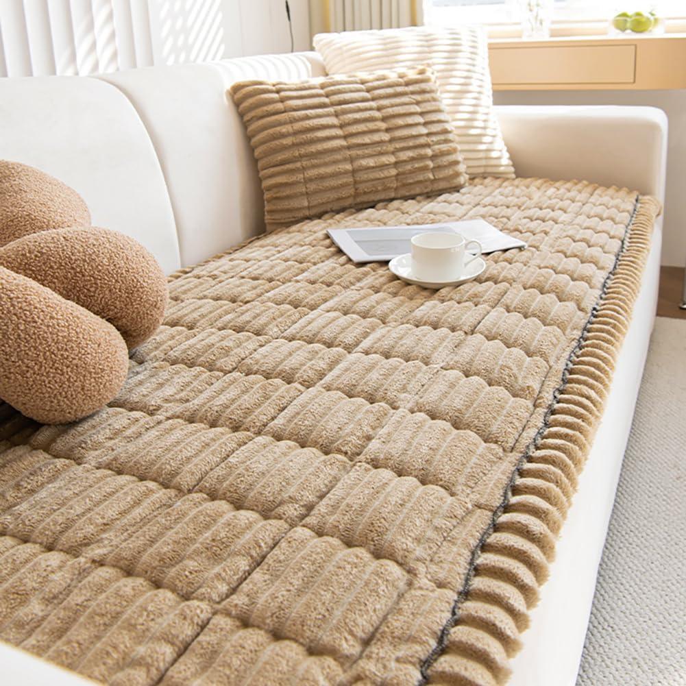 Vctops Striped Couch Cover Super Soft Corduroy Sectional Sofa Cover Washable Non Slip Sofa Slipcover Furniture Protector for Kid Dog Pet, 1 Piece (Coffee, 27"x59")