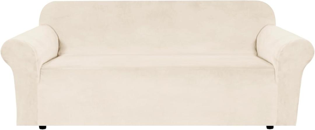 H.VERSAILTEX Stretch Velvet Sofa Covers for 3 Cushion Couch Covers Protector Soft with Non Slip Elastic Bottom, Crafted from Thick Comfy Rich Velour (Large Sofa 90"-97", Cream)