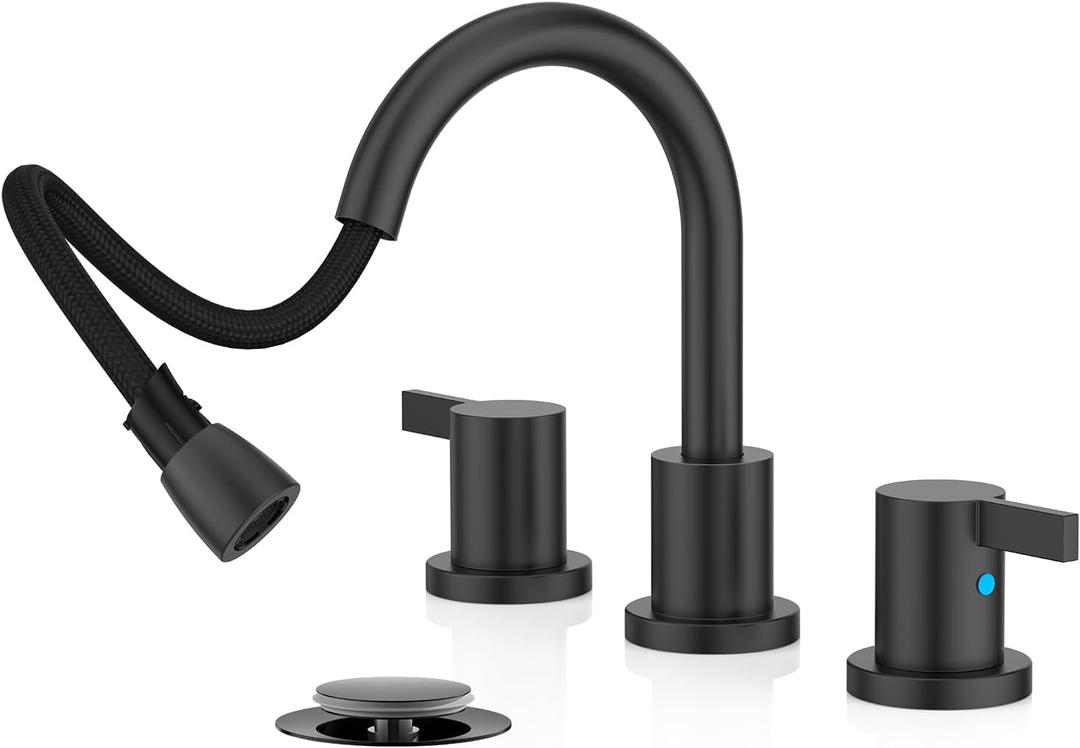 Phiestina Pull Down Sprayer Matte Black Widespread Bathroom Sink Faucet, 8 Inch 2 Handles 3 Hole Pull Out Bathroom Faucetwith Metal Pop-Up Drain and Water Supply LineBF04012-K01-MB (Matte Black-sprayer)