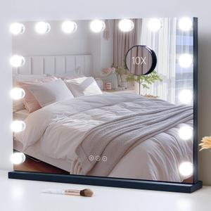 Vanity Mirror with Lights Lighted Makeup Mirror with 15 Dimmable LED Bulbs,3 Color Lighting Modes,USB Charging Port Touch Control,Sturdy Metal Frame Design 22.8x18 Inch,Black