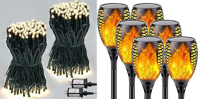 SANJICHA 2-Pack 66FT 200 LED Christmas Lights, Extendable Christmas Tree Lights and6 Pack Flickering Flame Solar Torch Lights with Super Larger Size for Christmas Decor