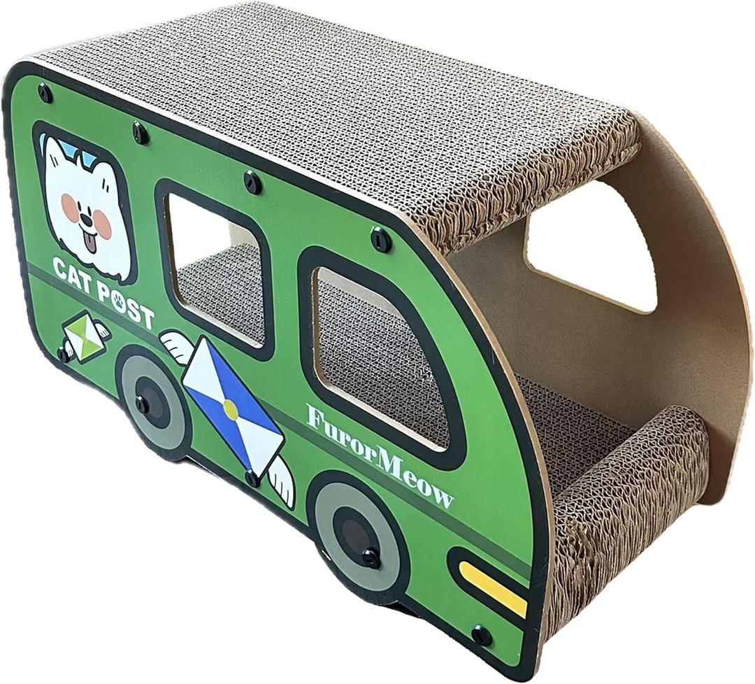 Cat Scratching House, Green Bus, Long Strong Sterdy 2 Story Cardboard Cat House Indoor with Scratching Board for Small & Medium Cats, 9x11.8x22 Inch, Cat Tunnel, Peekaboo Hideaway