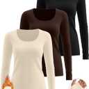 Riyiper 3 Pack Women's Thermal Long Sleeve Shirts, Fleece Scoop Neck Fitted Top Stretchy Thumb Holes Undershirt Baselayer Tee (Medium, Black, Cream, Dark Brown)