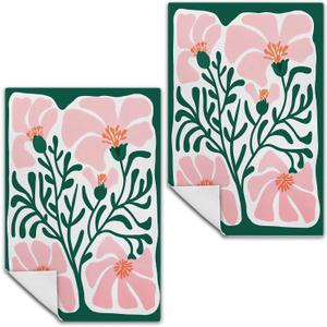Pink and Green Boho Floral Kitchen Towels, Retro Mid Century Modern Flower Decorative Dish Towels Drying Cloth, Abstract Boho Floral Hand Towels for Bathroom Kitchen, 16x24 Inch Set of 2