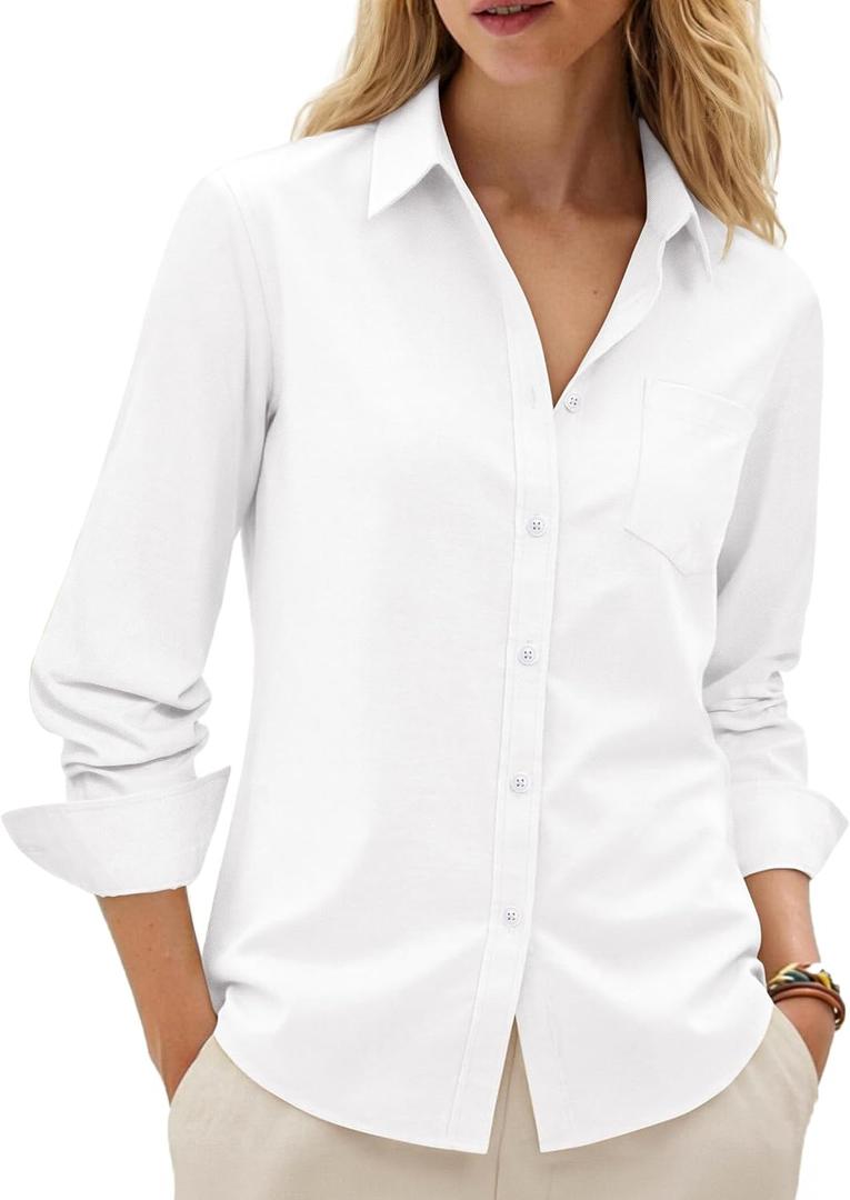 siliteelon Button Down Shirts for Women Cotton Oxford Shirt Dress Shirt Long Sleeve Work Blouses Tops with Pocket (White, XS)