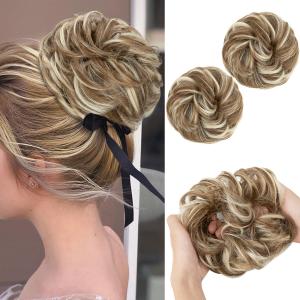 SARLA 2PCS Messy Hair Bun Hair Pieces Wavy Curly Synthetic Updo Fake Scrunchies Ponytail Extension for Women Bahama Beige (2PCS-Bahama Beige)
