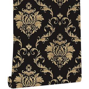 Upgrade Thickening Contact Paper Black Gold Damask Wall Paper Self Adhesive Peel and Stick Wallpaper for Kitchen Countertop Cabinet Furniture Bedroom Decor 17.7 Inch x 32.8 FT