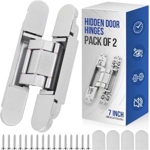 7" Hidden Door Hinges Invisible Hinges, Zinc Alloy Concealed Hinges Silent Invisible Door 3 Way Adjustable & 180 Swing Butt Hinge 7*2.8*1inch SilverPack of 2(Fits Only Doors Over 40mm Thickness)