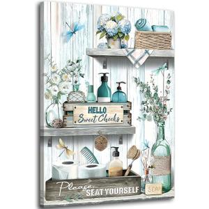 Farmhouse Bathroom Canvas Wall Art blue Green Rustic Dragonfly And Flower Wall Decor Pictures Bathroom Please Seat Yourself Sign Poster Prints for Toilet Home Decoration 12x16in Ready to Hang (Canvas)