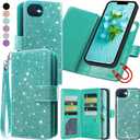Varikke for iPhone 17e / iPhone 16e Wallet Case Detachable with RFID Blocking Card Holder for Women, Glitter PU Leather Wrist Strap Strong Magnetic Flip Wallet Removable Phone Case 6.1", Mint Green