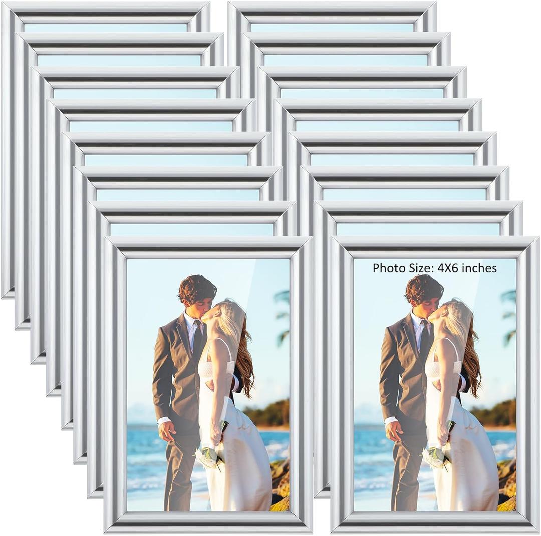 Kathfly 4 x 6 Picture Frames Sets of 16 Simple Designed Photo Modern Gold Frames for Pictures with Resin Glass for Wall Mount Tabletop Display Home Office Hotel Decoration(Silver)