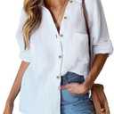 HOTOUCH Womens Linen Button Down Shirt Casual Long Sleeve Cotton Blouse Loose Fit Collared Work Gauze Tops with Pocket, Size Medium