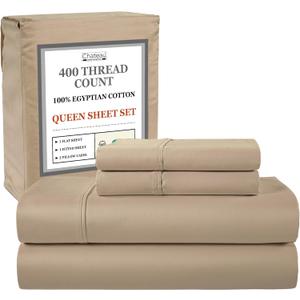 Egyptian Cotton Sheets Queen Size Set, 400 Thread Count, 15" Deep Pocket Queen Sheet Set, Luxury Sateen Weave, Naturally Cool, Soft & Breathable Luxury Bedding for All Seasons, Taupe
