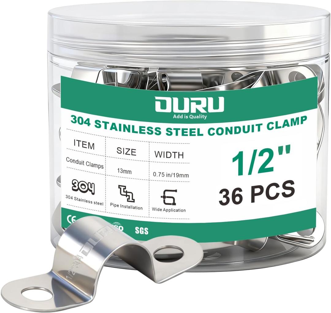 OURU 36pcs 1/2 Inch Conduit Clamp 304 Stainless Steel, Rigid Metal Pipe Clamp U Bracket, 2 Holes Pipe Strap for Automotive, Wire & Tube