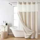 No Hooks Polyester Textured Shower Curtain with Snap-in Fabric Liner Set, Hotel Luxury Decor Shower Curtains for Bathroom with See Through Top Window, Waterproof & Washable, 71Wx74H, Cream