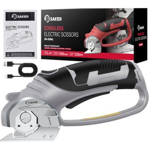 Saker Box Cutter Electric Cordless: Card board Cutter Scissors for Fabric Leather Paper Plastic - Cardboard Cutting Tool with 4V Recharged Battery - Safety Lock and LED Light for Cutting,Grey