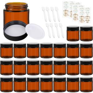 EkkoVla 24 Pack 4 oz Amber Glass Jars with Lids, Round Empty Cosmetic Containers with Inner Liners for Lotion, Cream, Ointments, Powder, Candle