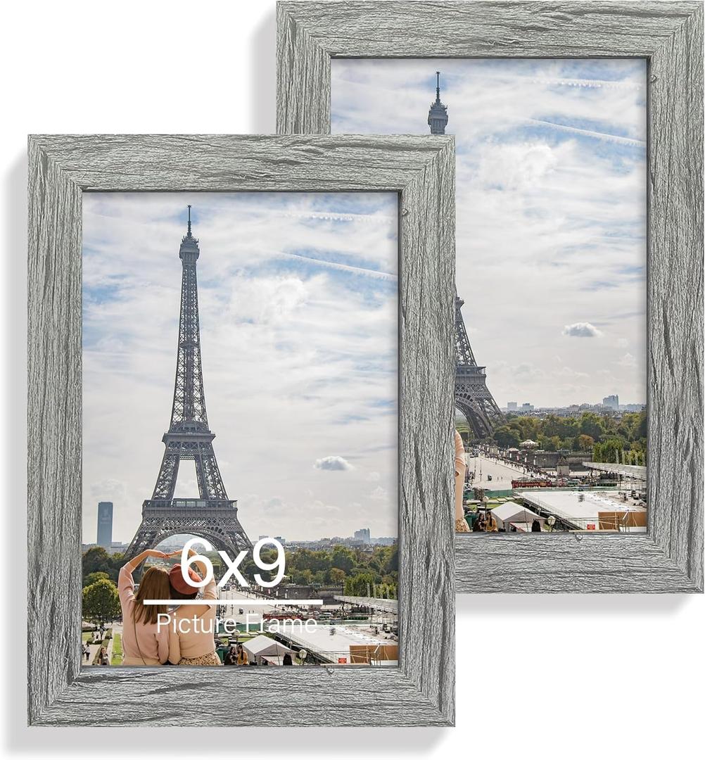 6x9 Picture Frame Set of 2, Made of Real Glass and Rustic Grey Wooden Frame - 6 by 9 Photo for Wall or Tabletop Display