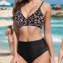 Amy Babe Women's High Waisted Bikini Sets Push Up Twist Front Spaghetti Straps Ruched Two Piece Swimsuit Bathing Suit (Black, S)