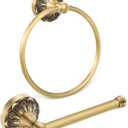 2 Pieces Set Antique Brass Toilet Paper Holder Retro Brass Hand Towel Ring Tissue Roll Paper Hanger Bathroom Hardware Wall Mounted Vintage Bathroom Accessories (Round)