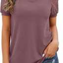 IWOLLENCE Waffle Knit Lace Short Sleeve Blouses V Neck T Shirts Summer Casual Tops for Women (Small, 02 Rust Red)