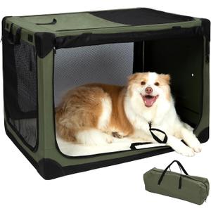Pettycare Portable Travel Dog Crate 4-Door Soft Sided 36 Inch Collapsible Dog Crate with Curtains Durable Mesh Foldable Pet Kennel Soft Crates for Large Dogs Indoor & Outdoor Olive Green